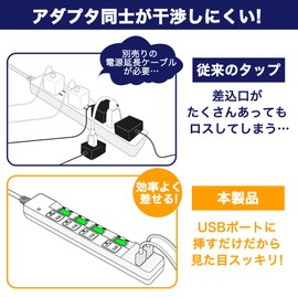 FUMITAKE Power Strip, Lightning Guard, Dust Shutter Included, 6 Ports, 3.3 ft (1 m), 1,400 W, Swing Plug, USB Tap, 2.4 A (2 USB Ports, 4 Outlets), White, Extension Cord, Table Tap, PSE Certified, USB,