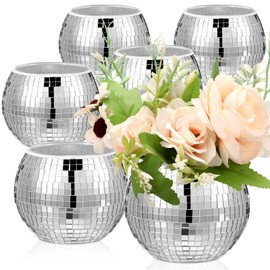6 Pieces Disco Ball Flower Vase Mirror Disco Ball Glass Vase Disco Ball Planter Candle Holder Glass Vase Bulk for Wedding Centerpieces Bedroom Kitchen Office Decoration Birthday (Silver,3 x 4 Inch)