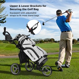 ULTIMATE 3 Wheel Golf Push Pull Cart, Foldable Lightweight Golf Bag Trolley w/Adjustable Seat and Handle, Scorecard Holder, Umbrella Holder, Cup Holder, Storage Bag and Foot Brake (Gray)