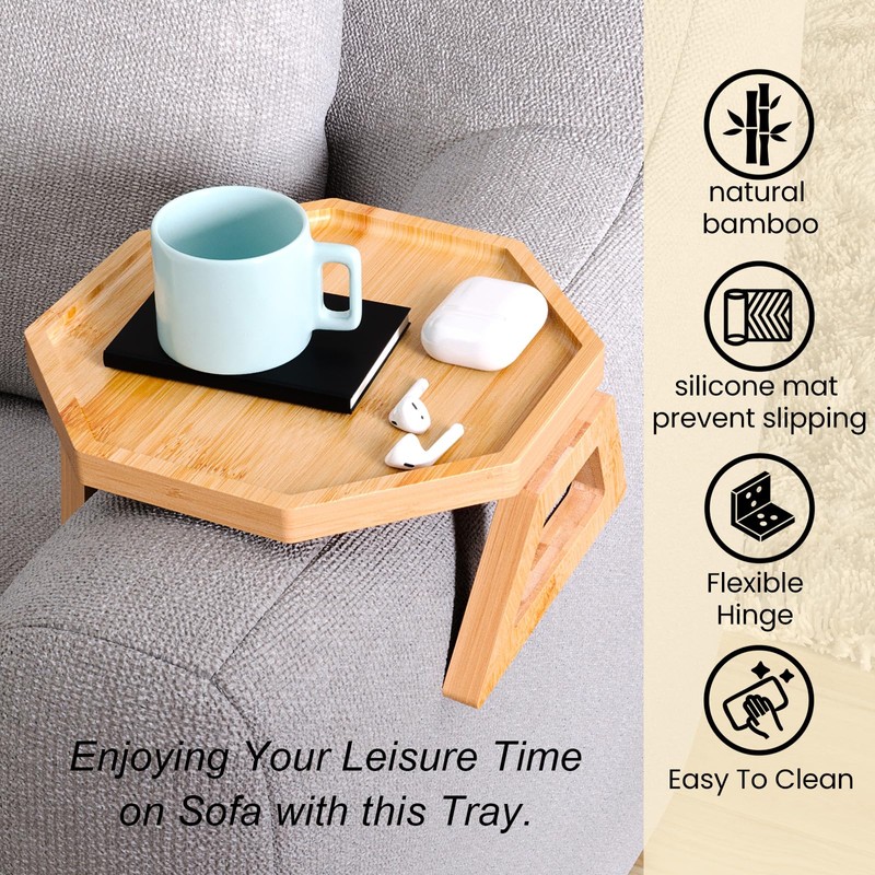 Danfoxer Couch Arm Tray,Bamboo Folding Sofa Trays,Octagonal Round Sofa Armrest