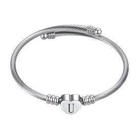 SBI Jewelry U Initial Bracelet for Women Letter Cuff Silver Heart Bangle Love Couple Anniversary Friend Mum Sister Wife Family Anniversary Birthday