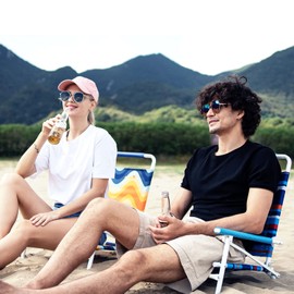 SunnyFeel Low Folding Beach Chair for Adults, Lightweight Beach Chair, Portable Camping Sand Chairs with Hard Armrest, Supports 300lbs for Beach Lawn Concert