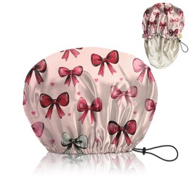 Cabreche Luxury Shower Cap Satin Silk Lined Adjustable Elastic Reusable Waterproof Shower Bath Cap Cute for Women Girls-Pink Bowknot
