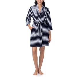 Nautica Womens Soft Robe - 3/4 Sleeve Lightweight Robe - Cotton Knit Jersey Sleepwear and Loungewear, Navy Stripe, Medium
