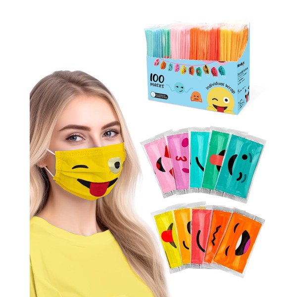 MicroBeats Fun Disposable Face Masks for Adults, 100-Pack Unique Design Coloful Facemask Individually Wrapped 3-ply Breathable Facemask, Smile Humor Funny 10-Colors Decorated Mask for Women Teenagers