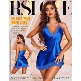 RSLOVE Satin Nightdress Chemise Nighties - Nightwear for Women Satin Nightie Silk Dress Slip Dress Negligee Blue XL
