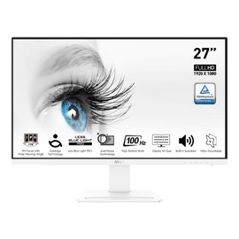 MSI Pro MP273AW, 27" Monitor, 1920 x 1080 (FHD), IPS, 100Hz, TUV Certified Eyesight Protection, 4ms, Displayport, HDMI, Tilt, White