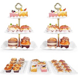 5 count Dessert Table Display Set - 2 count 3-Tier Dessert Display Stands & 3 count Serving Tray - Dessert Trays for  Parties,Birthdays &  Showers - Color: White