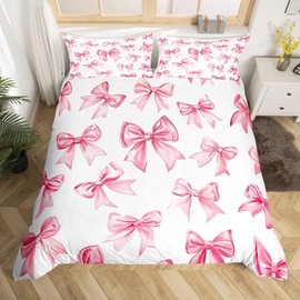 Kawaii Bowknot Girls' Bed Linen Set, Dreaming Princess Style Duvet Cover, 135 x 200 cm for Children, Teen Women, Girly Cute Bow Comforter Cover, Pink Bow Tie Bedding Set, Bedroom Decor, 1 Pillowcase