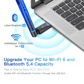 Krisnorey 2-in-1 Wi-Fi 6 Bluetooth 5.4 USB Adapter for PC Laptop, 5dBi High Gain AX900 2.4G/5GHz Wireless WiFi Network Dongle Auto-Driver for Windows 11 10 Desktop, Plug n Pair Headset, Keyboard, Mice