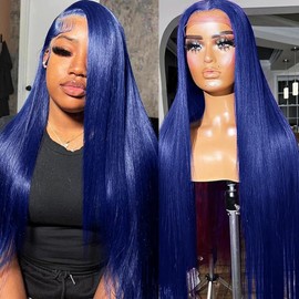Long 32 Inch Navy Blue Lace Front Wigs Human Hair Straight Dark Blue 13x4 HD Lace Frontal Wig Wear and Go Glueless Royal Blue Wigs Human Hair Pre Plucked With Natural Hairline Wig For Black Women