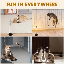 Jieffifa Interactive Suction Cup Cat Toy for Indoor Cat, Long Tail Feather Bird, Spring Wire Suctions to Ground, Hands Free Bird Simulation Cat Toy Wand Set That Sticks to Floor, Feathers & Bells