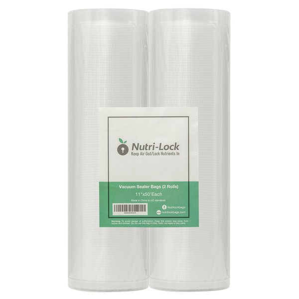 Nutri-Lock Vacuum Sealer Bags, Set of 2 11"x50' BPA-Free Rolls, Vac Seal for Sous Vide & Meal Prep, Commercial Grade Food Vac Bags