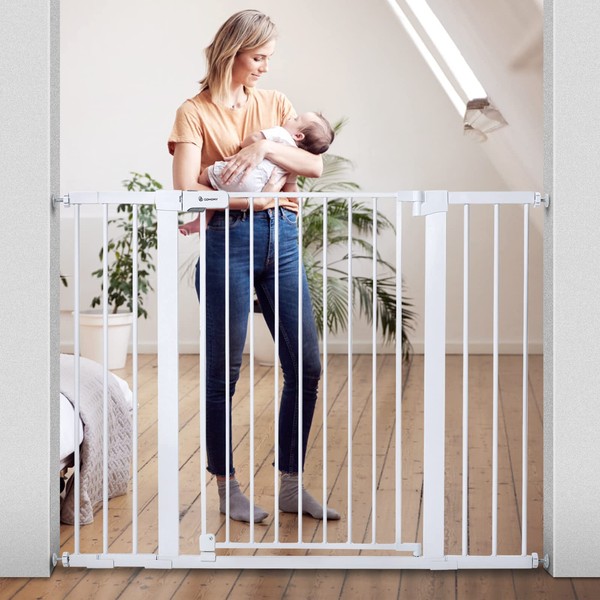 COMOMY 36" Extra Tall Baby Gate for Stairs Doorways, Fits Openings 29.5" to 48.8" Wide, Auto Close Extra Wide Dog Gate for House, Pressure Mounted Easy Walk Through Pet Gate with Door, White