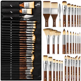 Nicpro 30pcs Paint Brush Set, Professional Paintbrushes with Paint Spatula and Cloth Roll, Craft Paint Brushes for Acrylic Painting, Oil, Watercolor, Gouache, Art Supplies for Artists and Beginners
