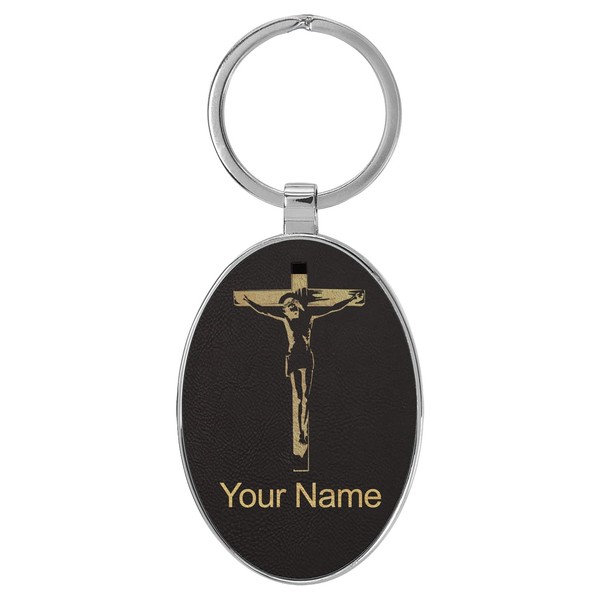 LaserGram Oval Keychain, Jesus on the Cross, Personalized Engraving Included