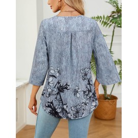 Viracy Plus Size Tops for Women 3/4 Sleeve, Tunic Tops to Wear with Leggings Crewneck Neck Curved Hem Floral Adorable Semi Formal Business Casual Clothes,Grey-2XL