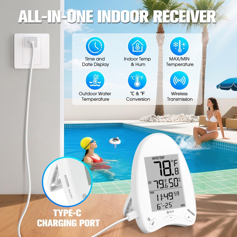FirstE Solar Wireless Pool Thermometer with Dynamic Light Show |