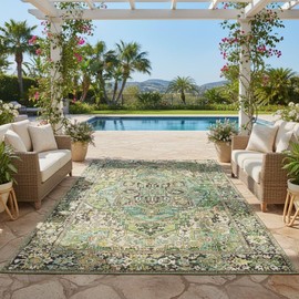 Beige Green Oriental Antique Waterproof 5x7 Outdoor Rug for Patio Balcony Garden Backyard Porch Camping Washable Non Slip Outside Carpet