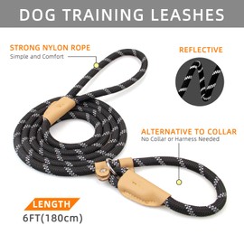 POUPUA 3/8" x 6 FT Durable Slip Leads for Dogs, Heavy Duty Strong Rope Slip Leash for Large, Medium Dogs No Pull Training Leashes with Reflective Threads (Black)