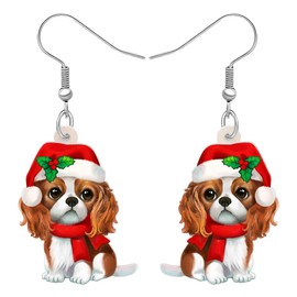 SHIGIE Christmas Acrylic Cute Cavalier King Charles Spaniel Dog Earrings Dangle Santa Hat Puppy Animals Gifts For Women Pets Lovers (Brown)