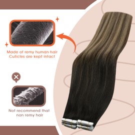 Sunny Hair Tape in Hair Extensions Human Hair Invisible Tape in Hair Extensions 10Pcs Tape in Extensions Real Human Hair Straight Hair Extensions for Women 18 inch Black to Dark Brown with Blonde