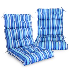 EAGLE PEAK Tufted Outdoor/Indoor High Back Patio Chair Cushions, Set of 2, 46'' x 22'', Blue Stripe
