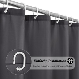 EurCross Shower Curtain 200 x 200 cm Dark Grey Bath Curtain with 14 Rings