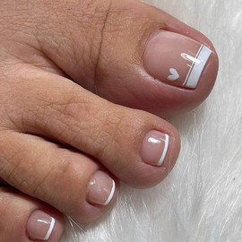 Cubahop 24pcs French Square Fake ToeNails Nude False Toenails Heart Love Glossy Toe Nail Tips for Women and Girls (Nude 3)