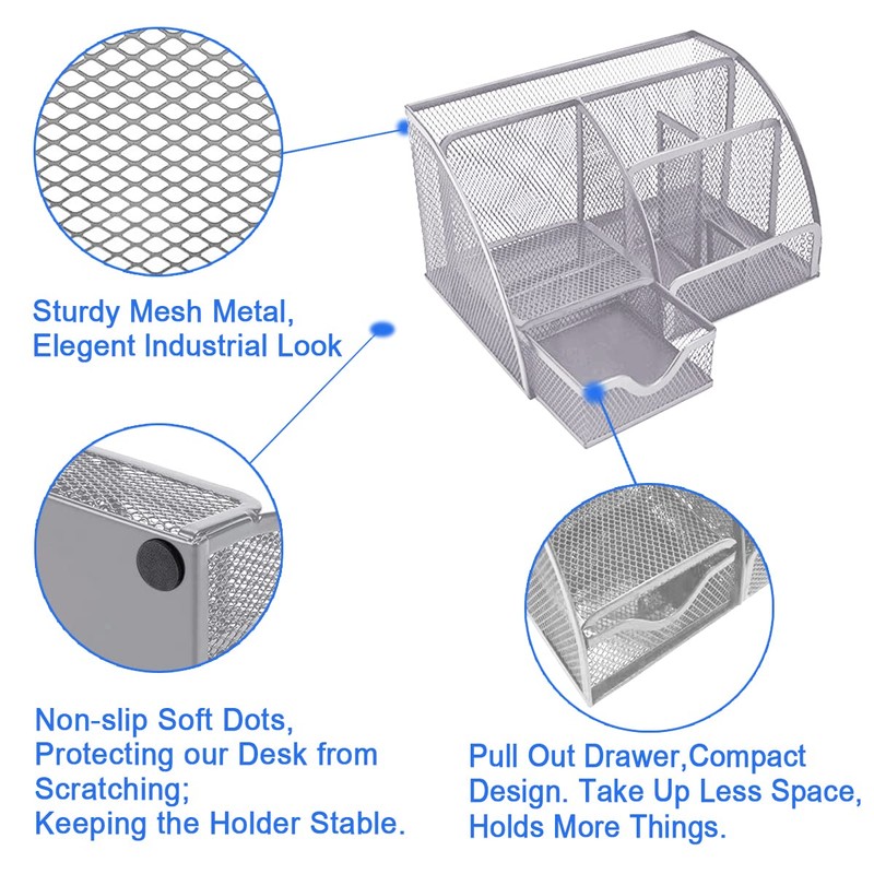Desk Organiser, Mesh Metal Office Shelf with Pen Holders &