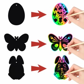 24pcs Easter Scratch Art for Kids, Easter Scratch Off Cards, Rainbow Color Scratch Off Paper Bunny Ornaments, Cute Bunny Scratch Egg Basket Stuffers with Stick and Ribbon
