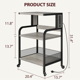 CABIHOME Printer Stand, Large Printer Cart with Adjustable Shelf, 3 Tier Printer Stand with Wheels, Printer Table with Power Outlets and USB Charging, Tall Printer Stand for Home Office, Rustic Gray