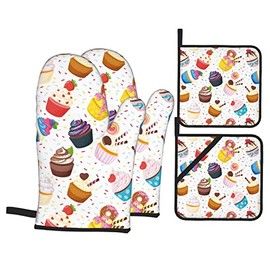 Cupcake Yummy Dessert Oven Mitts and Pot Holders Set of 4, Oven Mittens and Potholders Heat Resistant Gloves for Kitchen Cooking Baking Grilling BBQ