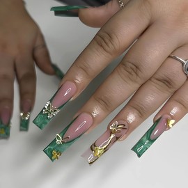 MERVF Long Press on Nails Square Fake Nails Green French Tip Glue ons Nail with 3D Gold Butterfly Design Squoval Acrylic Luxury Supplies Art DIY Manicure Glossy 24pcs