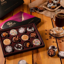 KREMERY Creamy Chocolate Cravings - Valentines Day Chocolate Covered Sandwich Cookies & Cream Gift Basket with Candied Toppings (12 Cookies) Sweet Treats Food Arrangement in Elegant Gift Box, Kosher