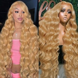 QGVQGV 24 Inch Honey Blonde HD Lace Front Wig Human Hair Pre Plucked 200 Density 13x6 Body Wave Honey Blonde Wig Human Hair 27# Colored Wigs Lace Frontal Wigs