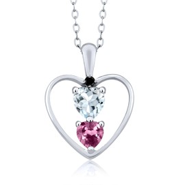 Gem Stone King 925 Sterling Silver Sky Blue Aquamarine Pink Tourmaline and Black Diamond Pendant Necklace For Women (0.65 Cttw, Gemstone March Birthstone, Heart 5MM and 4MM, with 18 Inch Silver Chain)