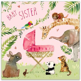 Twizler New Baby Sister Card with Pink Crib and Jungle Animals - New Baby Card - Cute Sister Card - Congratulations Card - New Baby Gifts - Baby Girl Gifts - Baby Sister Gifts