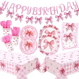 Havawish 196 Pcs Pink Bow Birthday Decorations Coquette Party Supplies for 24 Guests, Buffalo Plaid Bow Paper Plates and Napkin Cup Tablecloth Banner Cutlery Straw for Baby Shower Birthday Tableware