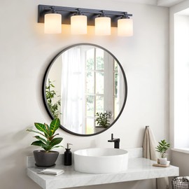 BrkNit 4 Light Modern Bathroom Light Fixtures Over Mirror, Black Vanity Lights for Bathroom Wall Sconces with Milky White Glass Shades, E26 Socket (Bulbs Not Included)