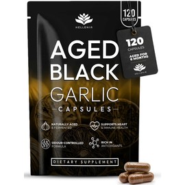 Aged Black Garlic 12,000mg - 120 Capsules | Black Garlic Bulb Extract 100:1 | Aged for Over 6 Months | Antioxidant and Cholesterol Support | Gluten Free - Made in the UK by Hellenia