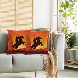 Swono Cowboy Throw Pillow Case, Wild Western Cowboy Horse Lassoing Sunset Square Home Decorative Cushion Cover for 18 X 18 Inches Pillow Covers, 2 Pack Pillowcases for Bedroom Office Dorm Couch