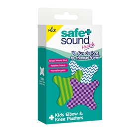 Safe & Sound Kids Elbow & Knee Plasters – 6 Pack – Large Hypoallergenic Fabric Plasters with Fun Designs for Children – Flexible Wound Care for Scrapes and Grazes