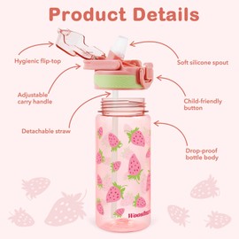 omedecal Kids Water Bottle for School, 20 Oz Plastic Straw Water Bottle with Silicone Spout and Leakproof Cover, Dishwasher Safe (Strawberry/Unicorn)
