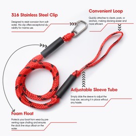 4 Feet Bungee Dock Line with Stainless Steel Clip & Foam Float 2pcs, Mooring Rope for Docking with Built-in Snubber, Ideal Boat Accessories for PWC, Jet Ski, SeaDoo, Kayak, Pontoon, Canoe, Power Boat