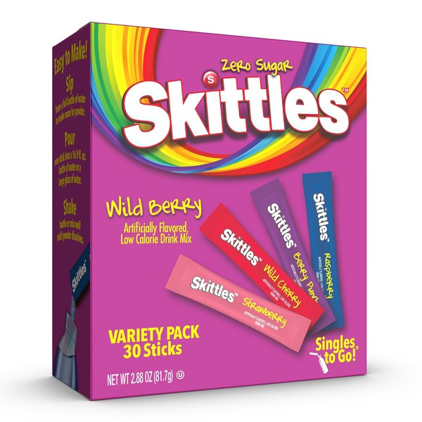 Skittles 30 Count Singles To Go Wild Berry Variety Pack, Powdered Drink Mix, Zero Sugar, Low Calorie, Includes 4 Wild Berry Flavors, 30 Total Servings