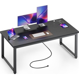 Huuger 55 x 24 inch Desk with Power Outlets & USB-C, Deeper & Thicker Desktop, Robust Metal Tubes, Computer Desk, Heavy Duty Office Desk, Work Gaming Desk for Home Office, Black