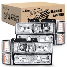 Nilight Headlight Assembly Compatible with 1994 1995 1996 1997 1998 Chevy Silverado Tahoe Suburban C10 C/K 1500 2500 3500 Replacement Headlamp Chrome Housing Amber Reflector Bumper Corner Lamp