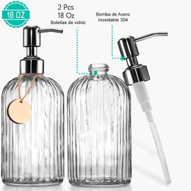 Timotech Juego de 2 Dispensadores de Jabón de Vidrio de 18 onzas con Bomba de Acero Inoxidable, Dispensador de Jabón de Manos Recargable, Dispensador de Jabón de Baño Premium para Cocina y baño.