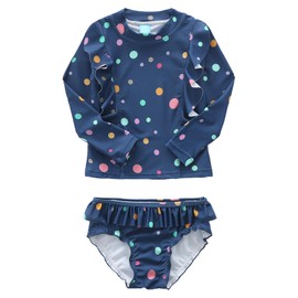 Aisyee Baby Girls Rash Guard Swimsuits Set for Girls Long Sleeve Bathing Suits with Bikini Bottom Two Piece Swim Set Navy Polka Dot 12-18 Months